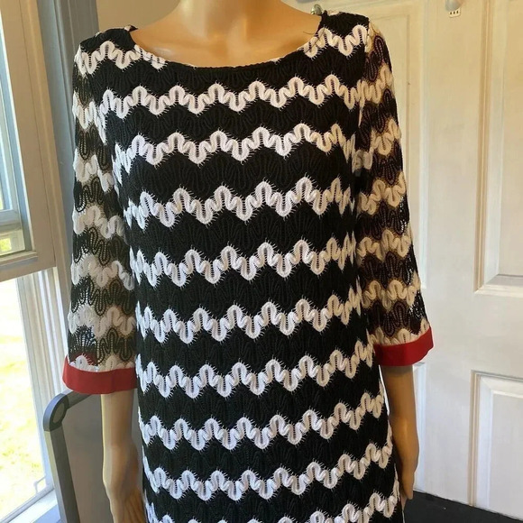 Sandra Darren womens Tunic Dress 12 Black white midi striped red Mesh Party Date - Picture 7 of 7